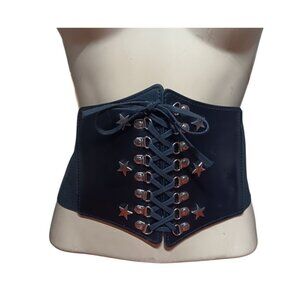 Goth Corset Belt Wide Faux Leather and Elastic Lace Up with Star Studs 32" Waist